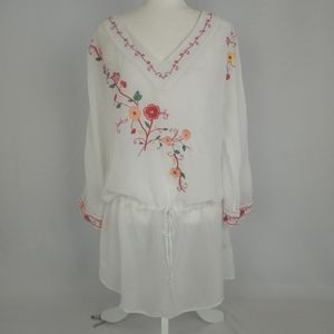 J. Jill Sheer V-Neck Embroidered Tunic Top with Drawstring Waist